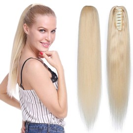 100% Remy Human Hair Ponytail Extension One Piece Claw/Jaw Clip Ponytail Hairpiece Clip In Pony Tail Extensions For Girl Lady Women Long Straight #613 Bleach Blonde 16'' 105g