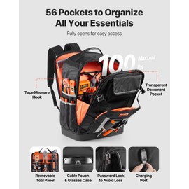 VEVOR Tool Backpack, 56 Pockets, Heavy-duty Tools Storage Organizer Bags with Molded Base, Electrician Jobsite Backpack for Construction Jobsite, Electrician, Industrial, Repairman, and HVAC Techs