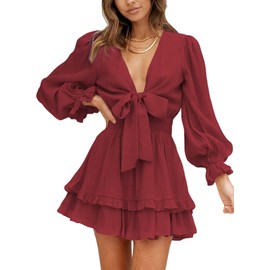 Dokotoo Fall Outfits for Women 2025 Ruffle Elegant Long Sleeve Empire Waist Tie Knot Cute Chiffon Boho Beach Tunic Swing A Line Mini Short Skater Dresses Wedding Dresses for Women Red L