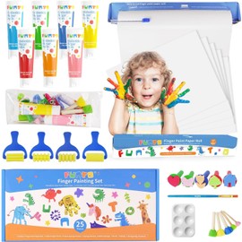 Funto Kids Washable Finger Paint Set, 25 PCS Non Toxic Art Painting Supplies for Baby, Includes Finger Paint Paper Roll, Brush Set, Arts Crafts for Toddlers Age 1-3