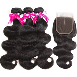 Beauty Princess Brazilian Body Wave with Closure 10A Brazilian Hair 3 Bundles with Middle Part Closure Natural Black Human Hair Bundles With Closure(22 24 26 with 20inch)