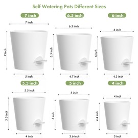 WSMKSZ 7/6.5/6/5.5/5/4 inch Self Watering Pots for Indoor Outdoor Plants, 6 Pack Plastic Flower Planters with Drainage Holes and Removable Saucers, Plant Pots with Wicking Rope, Modern Decor, White