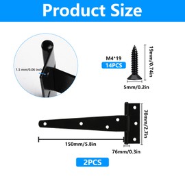 2 Pack 8 Inch T Strap Hinges, Shed Door Gate Hinges, Heavy Duty Black Outdoor Tee Hinge for Wooden Fences, Barn Door Gates Hinge for Shed Door Hardware (2, 8 Inch)