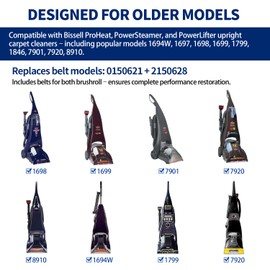 4-Pack Replacement Belts for Bissell Proheat Vacuum –Brush & Drive Belts – Fits Models 1694W, 1697, 1698, 1699, 1799, 1846, 7901, 7920, 7950, 8806, 8905, 8910 – Replaces Parts 0150621 & 2150628