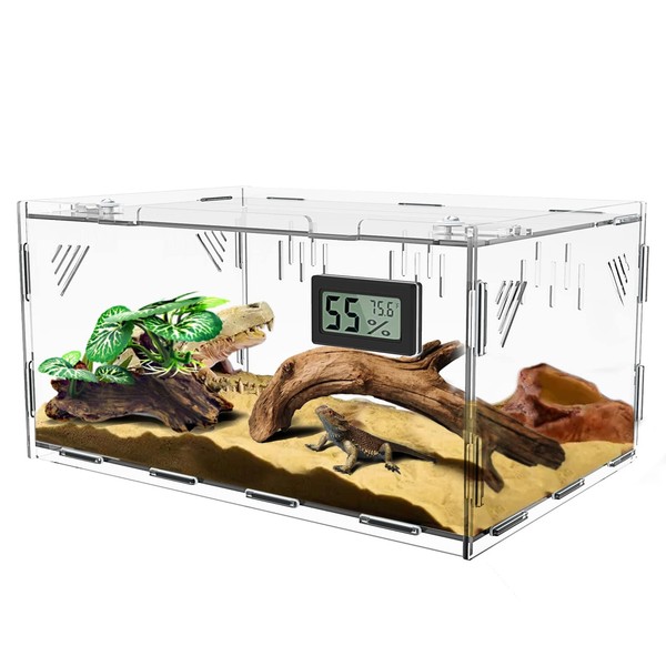 Reptile Terrariums, with Temperature Hygrometer, 15.7"x9.9"x7.1"Acrylic Reptile Breeding Box Terrarium
