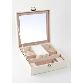 Hatori Jewelry Box for Women, 2-Layer Lockable Earring Organizer with Removable Trays & Mirror, Portable Travel Jewelry Storage Case for Necklaces, Rings, Bracelets, Cosmetics Accessories - White