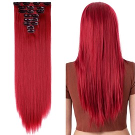 Dark Red Hair Extensions Clip in 26" 100% Synthetic Hairpiece Extension 8pcs Long Straight Hair Pieces For Full Head