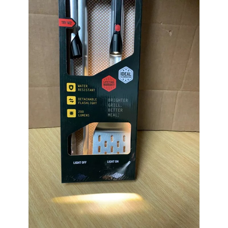Grillight Spatula and Tong Stainless Steel LED Flashlight Built Grilling