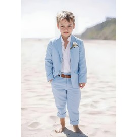 Tesscy Linen Boys Blue Suits Beach Wedding Suit Summer Casual Kids Light Weight Linen 2 Piece Suit Jacket Pant Set Size 12