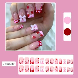 Valentines Press on Nails Medium Square Fake Nails Cute Nails Press ons with 3D Bow Nail Charms Designs French Tip False Nails Full Cover Glossy Glue on Nails Stick on Nails for Women Manicure 24 Pcs