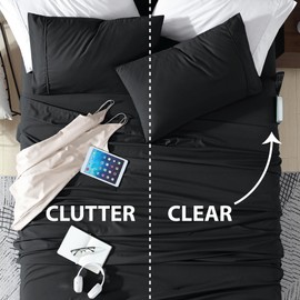 Swift Home Smart Sheets, Ultra Soft Brushed Microfiber 4-Piece Sheet Set, Fitted Bed Sheet with Side Storage Pockets – Black, Full