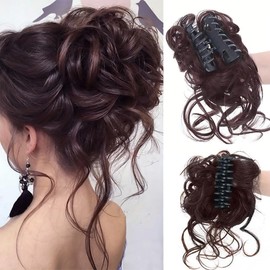 Extensiones Pelo Natural Moños Postizos Coletero Sintético Postizo Rizado Ondulado Clip Cola de Caballo Postizos Recogido para Mujeres y Niñas (Marrón oscuro)
