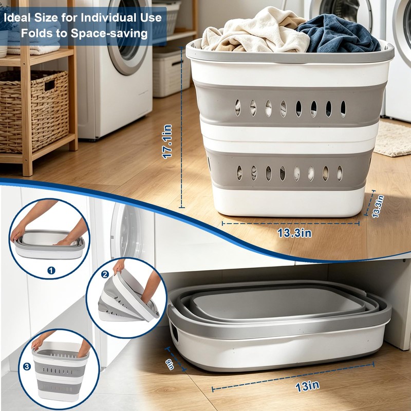 46L/12 Gal Collapsible Laundry Baskets, Foldable Hamper with Handles, Plastic