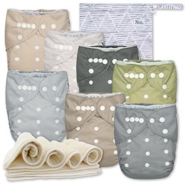Nora's Nursery Cloth Diapers 7 Pack with 7 Inserts & 1 Wet Bag - Waterproof Cover, Washable, Reusable & One Size Adjustable Pocket Diapers for Newborns and Toddlers - Sand and Stone
