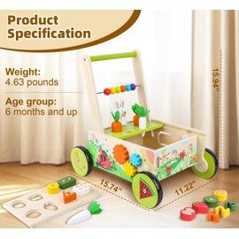 Wodden Baby Walker, Baby Push Walker Toys for Boys Girls 6-12 Months, Montessori Multiple Activity Center, Toddler Push and Pull Walkers with Wheels (Fruit)
