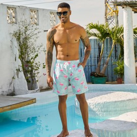 UNICOMIDEA Swim Trunks with Compression Liner for Men Light Green 9 Inch Board Shorts Man Swim Suits Pink Flamingo Mens Hawaiian Beach Shorts for Travel Swimming Wear Large