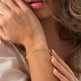 DORANA 5mm Thick Gold Figaro Bracelet for Women Figaro Chain Bracelets Figaros Link Bracelet Unisex Chain Bracelets Gift for Her