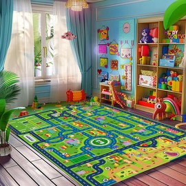Car Rug Play Mat,Road Rug Kid Play Mat,Playroom Toy Car Mat, Kids Carpet City Map for Bedroom Classroom,Extra Large Thick (110X78.7 Inch)