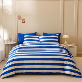 KAREVER Royal Blue White Stripes Comforter Set Cal King Size Royal Blue White Stripes Bedding Set 3 PCs Comforter Set California King Size Fluffy Linen Comforter Sets