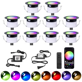 GEYUEYA Home Deck Light RGBW 10 Pack, Φ1.77 Inches RGB/Warm White Light WiFi Control, LED Deck Lights Kit Low Voltage DC12V, IP67 Waterproof Deck Lights for Stairs with Remote Control