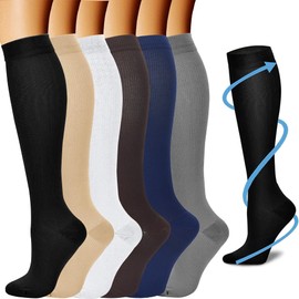 Calcetines de Compresión Mujer y Hombre, 6 Pares de Medias de Compresión 15-20 mmH, Calcetas Elásticas de Compresión para Embarazo, Viajar, Correr, Fitness (X-Grande, 6color B)