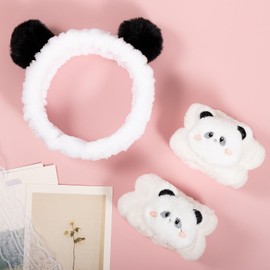 Miroksh Pom Pom Panda Ears Plush Wash Face Headband Spa Wrist Band Cuffs Hair Scrunchy Women Girls Facial Makeup Skincare Bath Head Wrap Kids Costume Party Supply Birthday Gift