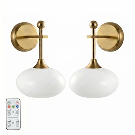 Folux Battery-Operated Modern Brass Wall Sconce Set of 2, Wireless Rechargeable Wall Light with Remote Control, Milk Glass Shade, for Living Room Bedroom Hallway Corridor