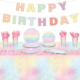 172 Pcs Pastel Rainbow Birthday Party Supplies Including Rainbow Tablecloth Cups Napkins Boho Plates Forks Cutlery Happy Birthday Banner Dinnerware for Baby Shower Girls Wedding Party Decoration