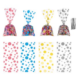 uxcell 200Pcs 11"x5" Treat Bags with 200 Silvery Ribbons Rectangle Gift Bags 4 Patterns OPP Material for Small Gift Party Favors, Cookie, Candy, Popcorn, Mixed Colors