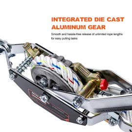 Mimanchi 3/4 Ton Rope Puller, Come Along Winch with 100ft of 0.6" Dia. Rope, 2 Hooks - Heavy Duty Ratchet Power Puller Tool for Moving Boats, Securing Items, Trailers, Tree Felling