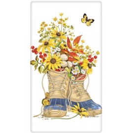 Mary Lake-Thompson BT634 Fall Flower Boots Flour Sack Towel 30 Inches Square Design in Lower Center Only