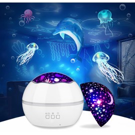 SlowTon Luz de Noche LED, Lámpara Proyector de Estrellas para Habitación de Niños, Rotación de 360°USB Recargable Océano Luces Nocturnas, Regalos de Navidad para Niños de 3 a 14 Años(Blanco)