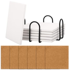 Belle Vous 6 Pack of White Square Ceramic Coasters with Cork Backing Pads & Holder - 10 x 10cm/4 x 4 Inches - Unglazed Blank Coaster Tiles for DIY Crafts, Painting, Acrylic Pouring & Alcohol Ink