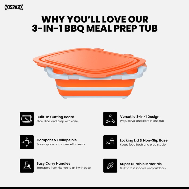 XL Collapsible BBQ Prep Tub with Cutting Board & Drain