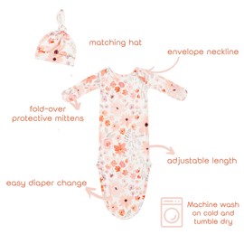 Vollmic Newborn Baby Knotted Gown Sleeper Gown with Mittens Long Sleeve Nightgown Baby Coming Home Outfit with Hat 2 Pieces (Purple and Orange Floral, 0-3 month)