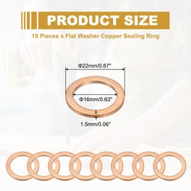 PATIKIL M16 Copper Washer Sealing Ring, 15 Pieces 16mm ID 22mm OD 1.5mm Thickness Metric Flat Sealing Gasket Crush Washer for Screws Bolt Sump Plugs Oil Drain