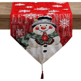 Snowman Table Runner with Tassels, Exquisit Cotton Christmas Table Runner, Red Seasonal Winter Xmas Holiday Kitchen Dining Table Decoration for Indoor Outdoor Home Party Christmas Decor, 12.6" x74.8"