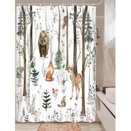Rustic Forest Shower Curtains, Rustic Lodge Cabin Shower Curtain Woodsy RV Shower Curtain, wildlife Animals woodland Shower Curtain Campers Shower Curtain Camping Bathroom Set with Hooks, 54X72 Inch
