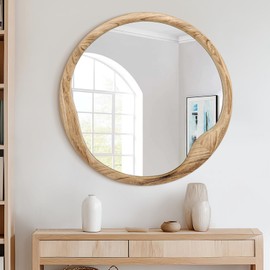 AOAOPQ AOAOPQ Beige Wood Framed Mirror for Wall 20x20 Inch Rounded Mirror Bathroom Vanity Mirror Farmhouse HD Glass Hangs Mirrors