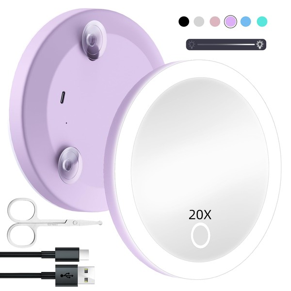 20X Travel Magnifying Mirror with Lights, Small LED Magnifying Mirror