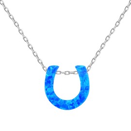 Sterling Silver 16" + 2" Created Blue Opal Horseshoe Necklace
