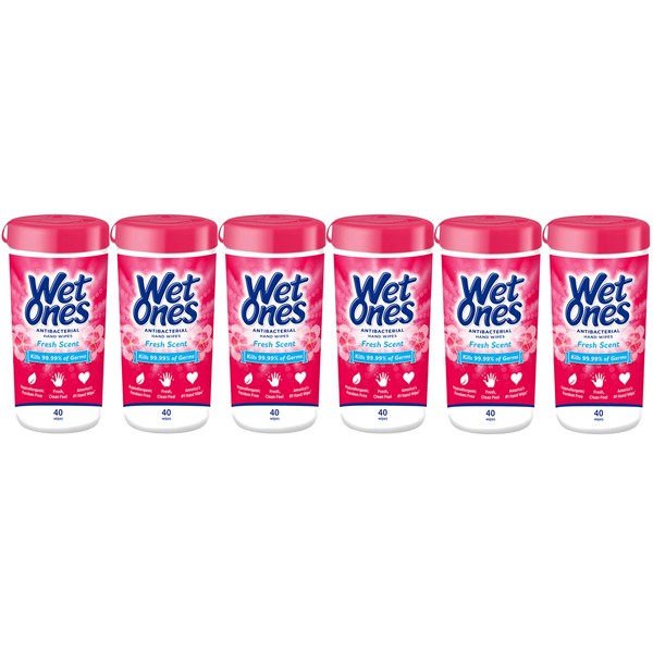 Wet Ones Antibacterial Hand Wipes, Fresh Scent, Canister, 40 Count (Pack of 6)
