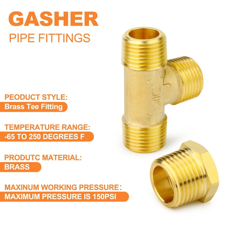 GASHER 2PCS Brass Male Tee Pipe Fitting T Adapter, 3