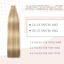 YDDM Tape-In Real Hair Extensions, 20 Pieces, 40 cm, 40 g, Ash Blonde with Bleach Blonde, Invisible Tape Extensions, Real Hair Skin Weft Hair Extensions (16 Inches, 18/613#)