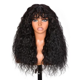 ISAMY Curly Wigs With Bangs for Women Lace Hairline Long Curly Burgundy Wig for Daily (Black)