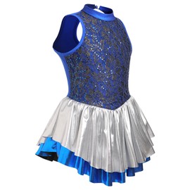 AFAVOM Girls Sequin Dance Costume Sparkle Hip Hop Jazz Dance Dress with Gloves 3PCS Shiny Metallic Toddler Ballet Leotard Ballroom Dancing Outfit for Stage Performance Dancewear Royal Blue 9-10 Years