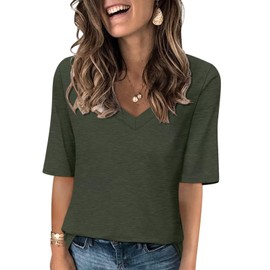 TICTICMISS Women's V Neck T Shirts Half Sleeve Tops Casual Solid Summer Tees Army Green