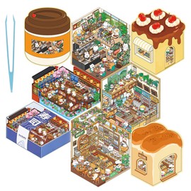 WSSJHYY 3.5D Sticker Scene 4 Sets of DIY Bakery Sticker Therapy for Adults Stress Relief Pass The Time, Make Your Own Shop Scenes Stickers for Kids Cute Cartoon Animal