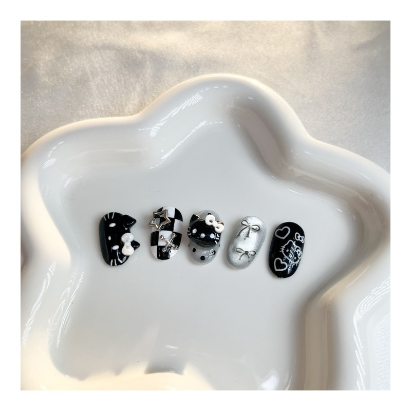 2+1 Event Black Horizontal Cat Checkerboard Nail - Coffin (Long)
