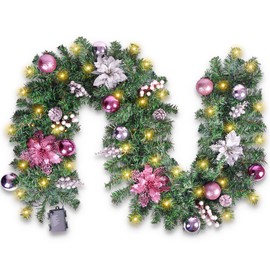 Christmas Garland with LED Lights, 6FT Mentle Garland with Pink Flower and Pine Cones for Christmas Decorations and Holiday Mantle Decor